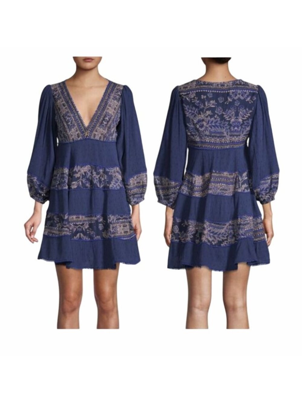 ⭐Free People My Love Mini dress Sz M Womens Blue Embroidered Floral Long Sleeve⭐